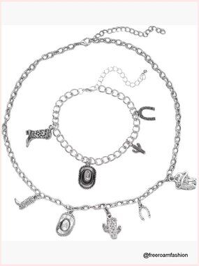 Western Cowgirl Bracelet Leather Cactus Horseshoe Charm Jewelry Set